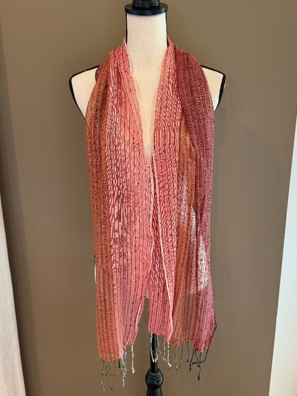 Textured Cotton Coral and Pink Metallic Ombre Style Scarf